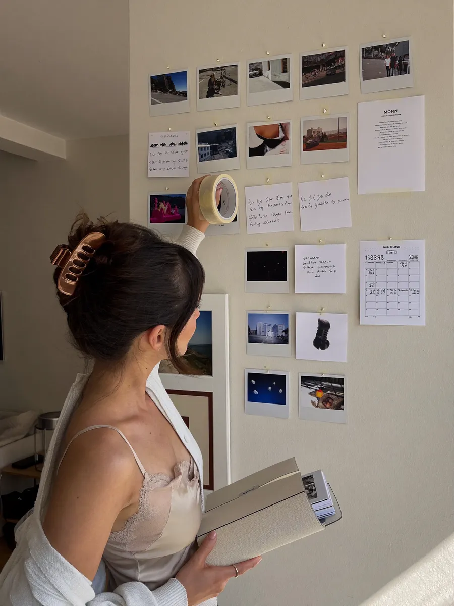 Taping content prints and notes to a planning wall (illustrative)